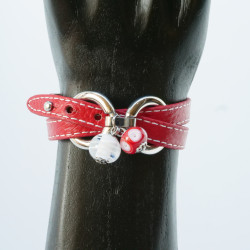 Bracelet Red leather with Murano glass beads white / red