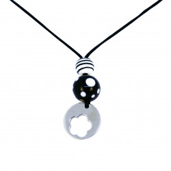 Collier avec perles de verres Murano noir/blanc et fleur en acier inoxydable