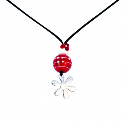 Collier avec perles de verres Murano rouge/blanc et fleur en acier inoxydable