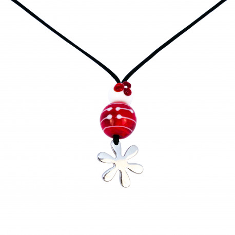 Necklace with red/white Murano glass beads and stainless flower